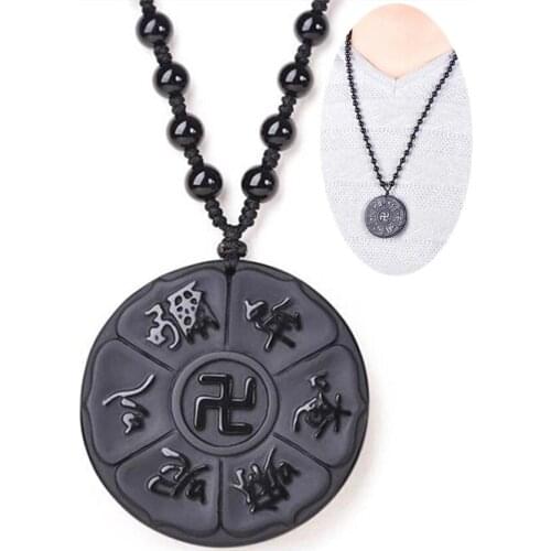 Natural Obsidian Religious Six-Character Mantra Necklace Pendant Hand Carved Round Black Jewel Lucky Amulet The Best Gift