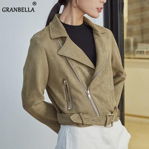 New Spring Faux Suede Womens Motorcycle Jacket With Belt Coats Slim Plain Short Biker Jackets and Coats vestes femmes