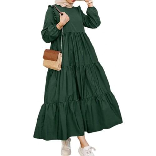 Loose Maxi Dress Large Hem Mid Waist Round Neck Long Sleeve Ruffle Dress for Working Casual Autumn 2021 Women Clothing vestidos