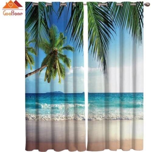 Beach Coconut Tree Wave Sky Window Curtains Living Room Outdoor Fabric Drapes Curtain Home Decor