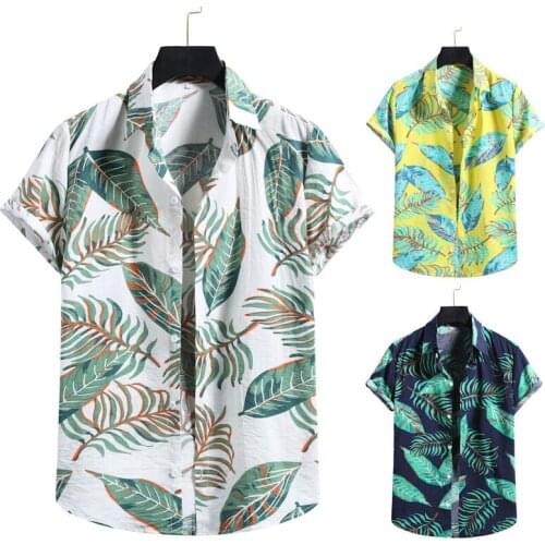 New Leaves Hawaiian Shirt Men Cotton Linen Print Clothes Short Sleeve Button Shirt Blouse Top Loose Casual Summer Clothing