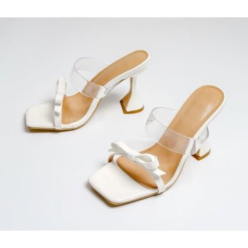 Square toe ladies slippers transparent PVC high heels fashion bow-knot slides sandals woman dress party shoes women pumps 35-42