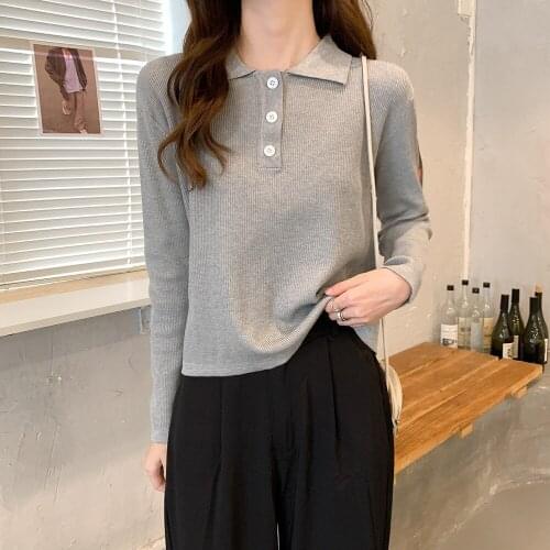 Autumn Women Tshirt Top Harajuku Vintage Tops Tees Aesthetic Korean Style Long Sleeve Solid POLO Knit Womens T-shirt Clothes