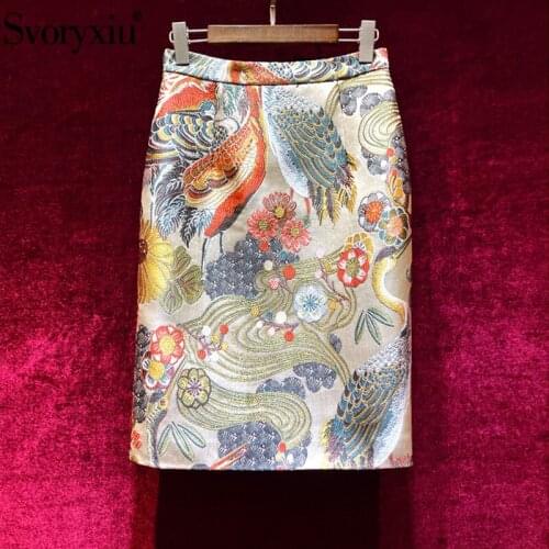 Svoryxiu Runway Designer Autumn Winter Vintage Print Jacquard Pencil Skirt Womens Fashion Package Buttocks Midi Skirt