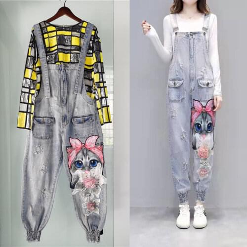 Women Print Cartoon Cat Denim Jumpsuits Rompers Overalls New Hole Loose Beaded Jean Pants Female Casual Long Pants