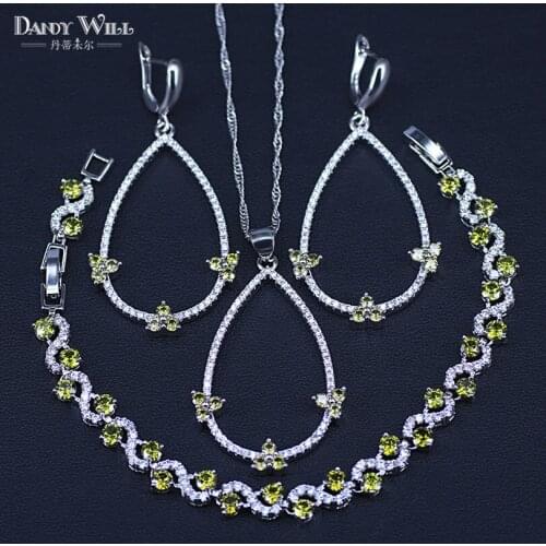 Pear Olive Green Cubic Zirconia silver color Jewelry Sets For Women Party Earrings/Pendant/Bracelet/Necklace Set