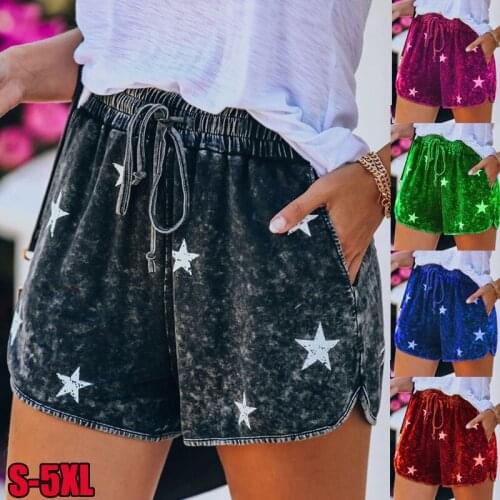 Plus Size Vintage Pentagram Print Loose Shorts Women Summer Mid Waist Sexy Elastic Fashion Push Up Short Pants with Drawstring