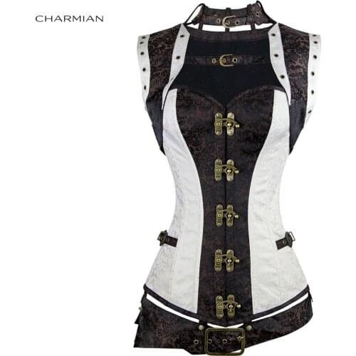 Charmian Womens Plus Size Steampunk Corset White Steel Boned Renaissance Vintage Gothic Corsets and Bustiers Belted Top