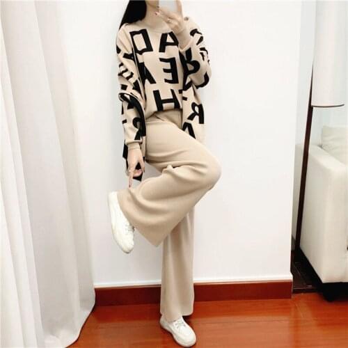Spring Autumn 3 Piece Sets Print Long Sleeve Top + Wide Leg Pants Suits Korean Knit Casual Clothing Women Sets Femme Y456