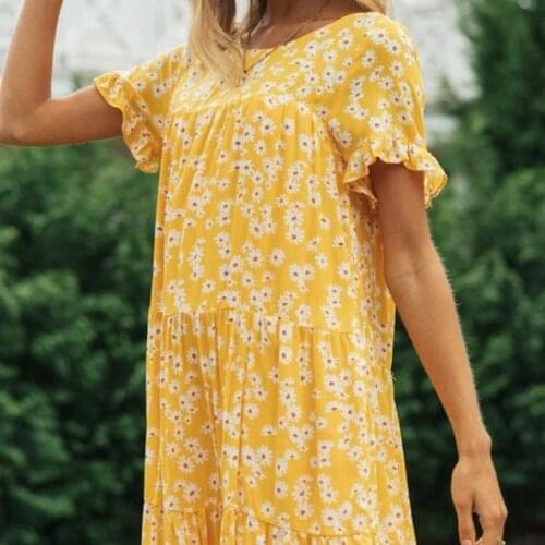 Ladies Dress Summer O-neck Dress Beach Floral Print Ruffled Casual Dress Summer Dress