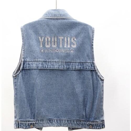 Womens Spring Autumn Sleeveless Vintage Letter Embroidery Blue Denim Vest Female Winter Plus Size Slim Short Waistcoat TB312