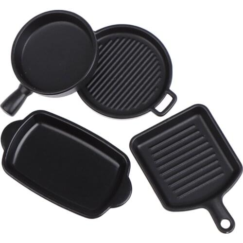 1set(4pcs) 1/12 Black Miniature Dollhouse Dish Plate Pretend Play Kitchen Cooking Toy Set