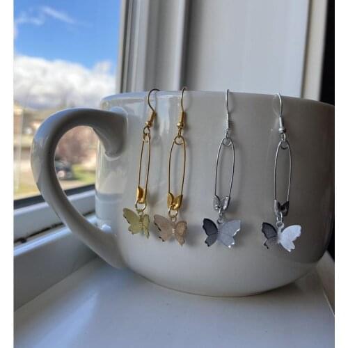 Safety Pin Earrings / Butterfly Earrings / Unique/ Edgy Drop Earrings / Butterfly Drop Earrings / Gold/Silver plated Earrings