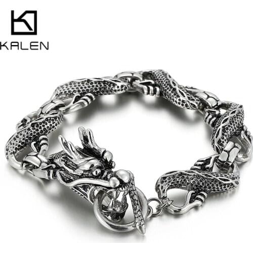 Kalen Dragon Bracelet Vintage Mens Carved Textured Bracelet Stainless Steel Jewelry Holiday Gift