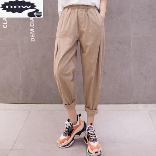 Harajuku Loose Women Summer New Elastic Waist Casual Harem Pants Korean Style Cotton Linen Black Ankle-Length Pantalones