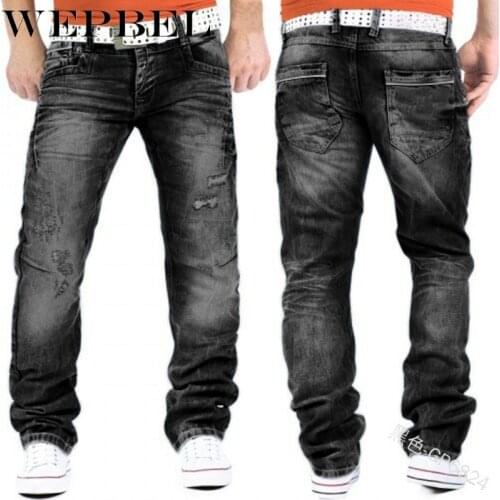 WEPBEL Men Vintage Ripped Denim Pants Males Hole Punk Motor Hip Hop Style Straight Jeans Loose Trouser