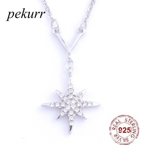 Pekurr 925 Sterling Silver V Branch Strip & CZ Anise Star Long Necklaces For Women Pandents Romantic Chain Fine Jewelry Gifts