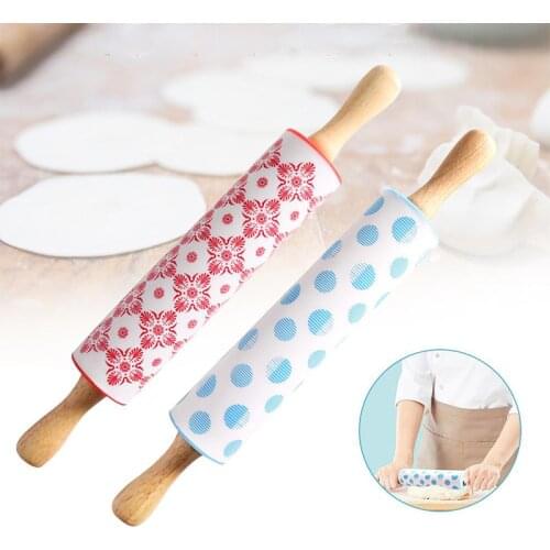 Colorful Non-Stick Silicone Rolling Pin Wooden Handle Dough Flour Roller Diy Kitchen Dumpling Roller Cake Noodles Bakeware Tool