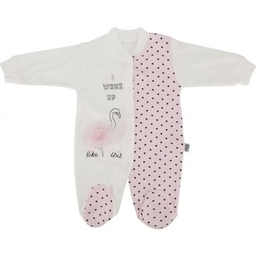 Jaju Baby, Flamingo Patterned Embroidered Pink-White Jumpsuit
