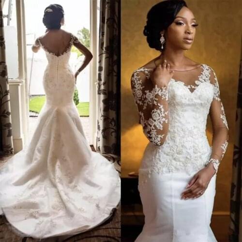 Dubai African Mermaid Wedding Dress Coffe Tulle Lace Appliques Beaded Long Sleeves Women Plus Size Bridal Gown Backless Novias