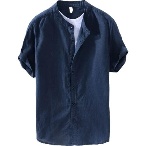 Men Baggy Cotton Linen Solid Short Sleeve Button Down Shirts Tops for Summer AIC88