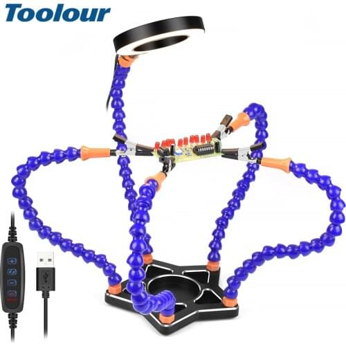 Toolour 5PC Flexible Arms Soldering Helping Hands 3X Magnifying Glass Table Lamp Alligator Clip Station DIY Stand Welding Tool