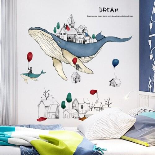 Cartoon Whale Wall Stickers for Living Room Sofa Background Painting Bedroom Room Decor Layout Wallpaper Home Accessories