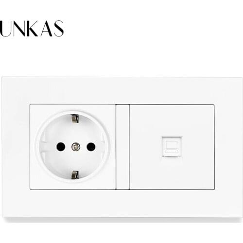 UNKAS PC Plastic Panel 16A EU Standard Wall Power Socket + RJ45 Internet Computer Connector Jack 146MM*86MM 2 Gang Outlet