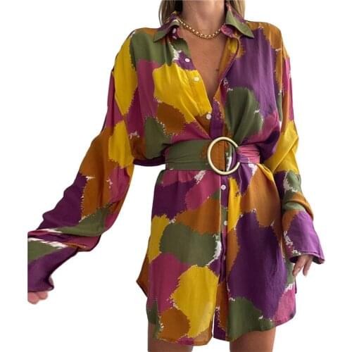 Xingqing Shirt Dresses for Women Retro Color-Block Turn-Down Collar Long Sleeve with Waist Belt for Adults Clubwear Y2K Clothes