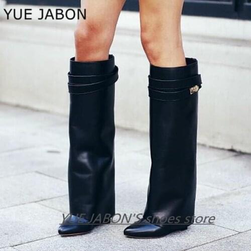 Hot Selling Shark Lock Leather Boots Gold Metal Wedge Boots Knee-high Fold-Over Winter Long Boots For Woman Black Red Big Size10