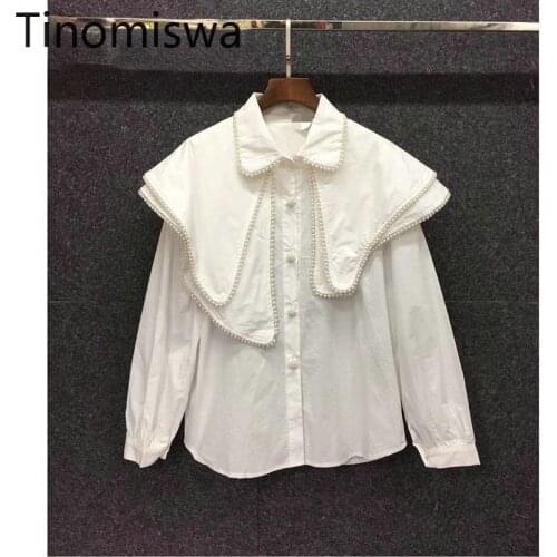 Tinomiswa Beading Turn Down Collar White Shirts Women Single Breasted Long Sleeve Blouse Office Ladies Unicolor Chic Ladies Tops