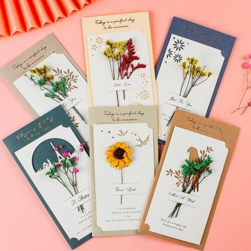 Three three-dimensional greeting cards with dried flowers and envelopes, Chinese Valentines Day holiday wishes and thank cards
