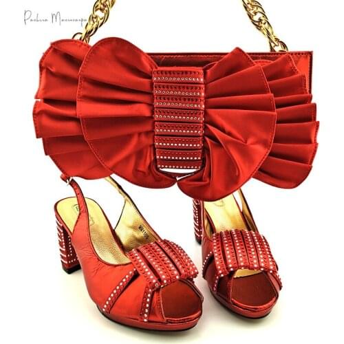 Nigerian New Arrival Italian Design High Quality Red Color Party Women Shoes and Bag Set Decorated With Narrow Band