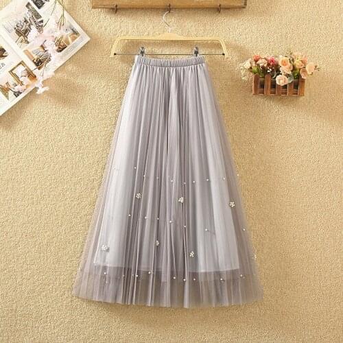 Summer Tulle Skirt Women 's Mid-length Skirt High Waist A- Line Expandable Beaded Pleated Skirts Fairy Skirts Elastic All Match