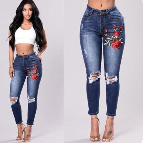 CFYH Stretch Embroidered Jeans For Women Elastic Flower Jeans Female Pencil Denim Pants Rose Pattern Pantalon Femme