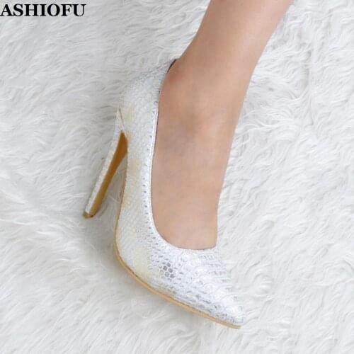ASHIOFU Handmade Womens High Heel Pumps Snake-print Pleated Party Office Dress Shoes Slip-on Evening Fashion Pumps Court Shoes