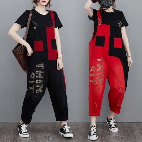 #1605 Summer Straight Denim Jumpsuits Women Spliced Color Casual Letters Printed Overalls For Women Holes High Quality Fashion