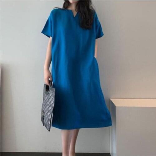 Women V neck Buttons Down Dress Summer short Sleeve Cotton Linen Sundress Casual Sarafans Vestido Party Tanks Dress CL333
