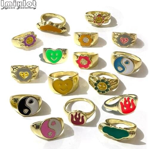 3pcs/lot Smile Flower Rings Namel Thick Ring Size Luxury Spring Fine Lucky Jewelry TaiJi Fire Heart Clouds Rings for Women Gift