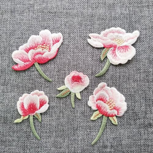 5pcs/set Pink Magnolia Flower Applique Embroidered Sew on Flower Patch For Clothes Bag Sticker Diy Craft Home Decoration Repair