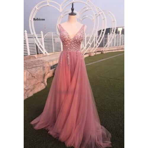 Women Beading Evening Dress V-Neck Pink High Split Tulle Sweep Train Sleeveless Prom Gown A-Line Lace Up Backless