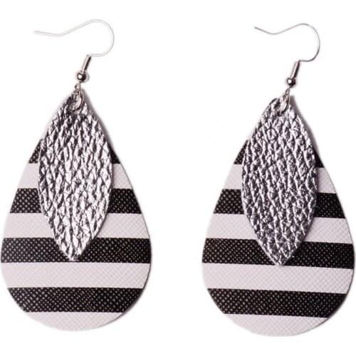 Double Layer Glitter Leopard Faux Leather Teardrop Leaf Earrings Black And White Striped Layered Water Drop Earrings Fashion