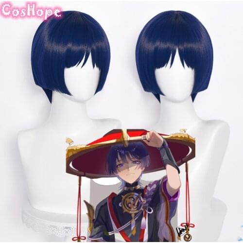 Genshin Impact Cosplay Scaramouche 30cm Wig Blue Purple Black Wig Cosplay Anime Wigs Heat Resistant Synthetic Wigs Halloween