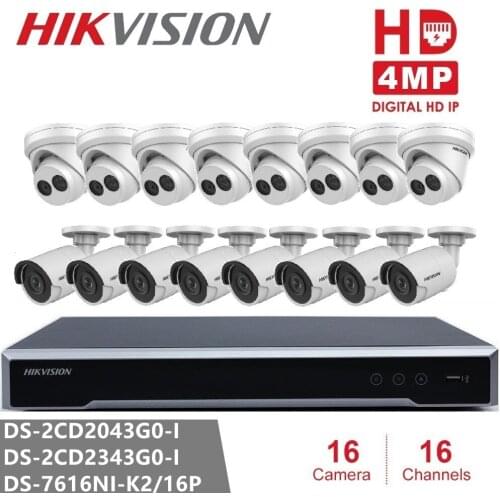 Hikvision Video Surveillance Kits NVR DS-7616NI-K2/16P 16POE + DS-2CD2343G0-I & DS-2CD2043G0-I 4MP IP High Resoultion WDR POE IR