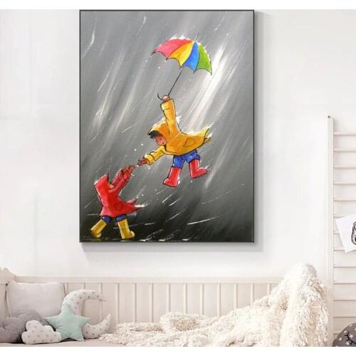 High Hand Painted Oil Painting Wall Art Cartoon Picture Handmade Abstract the Kid in the Rain For Kid Room Home Decoration Gift