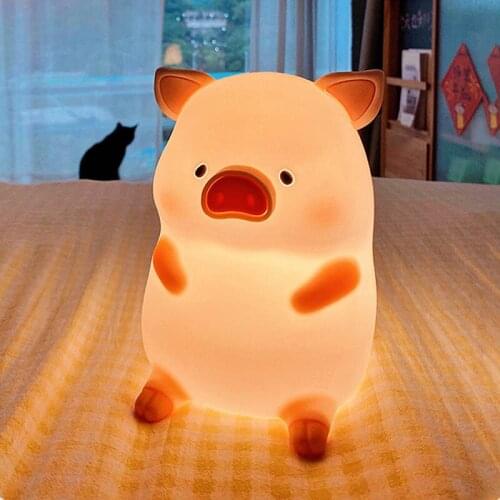 LULU Piggy Night Light Pig Beside Lamp Silica Gel USB LED Light Tap To Light Up 18 cm