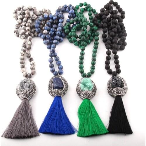 MOODPC Fashion Bohemian Jewelry Semi Precious Stones Long Knotted Natural Druzy & Tassel Pendant Necklace