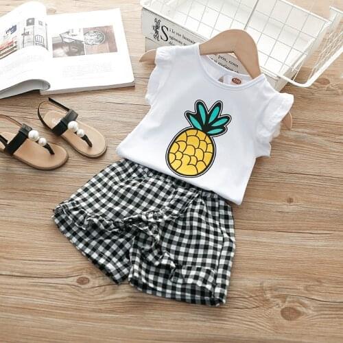 2021 New Summer Clothes Girls Suit Style Fashion Cotton Pineapple Printed T-Shirt Top+Plaid Culottes Childrens Two-Piece Set