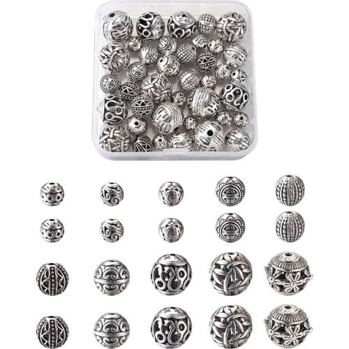 Pandahall 50pcs/Box Hollow Zinc Alloy Beads Textured Round Tibetan Style for Jewelry Making DIY Bracelet Necklace Accessories