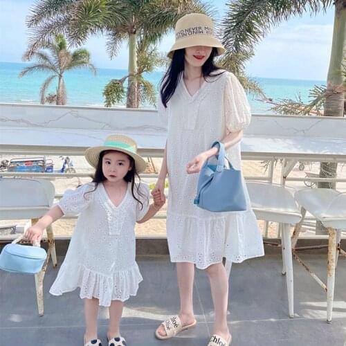 Beach Holiday Mother Daughter Dresses Summer Family Matching Outfits Mom Baby Embroidered Hollow Dress Mommy and Me Clothes